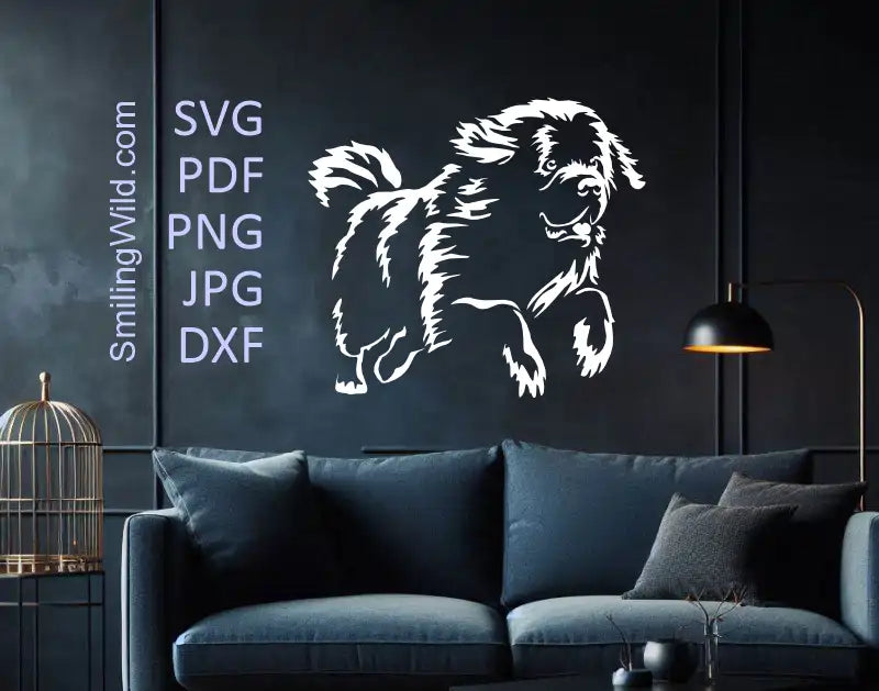 Newfoundland Dog SVG, DXF, PNG white clipart inrunning position on a mockup for wall decal that can be made on Cricut, laser engraving, pastoral canine crafts