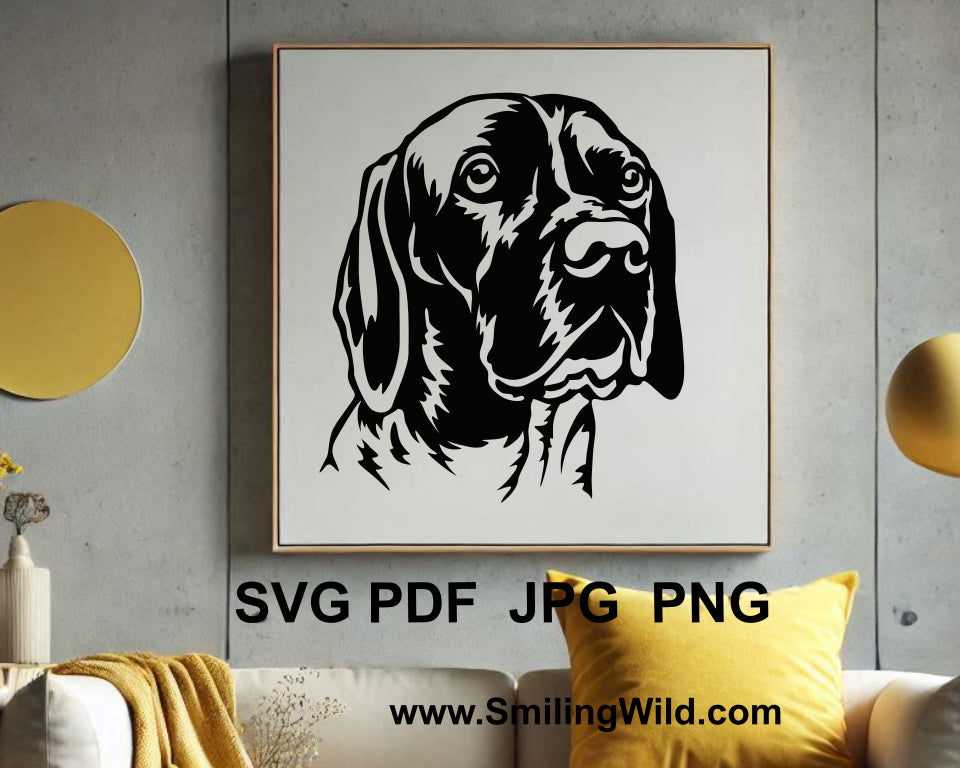 hunting dog clipart in black and white showing an old danish pointer dog digital portrait