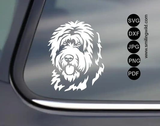 a white vinyl decal visulaization of the Old English Sheepdog head svg, png and dxf clipart files on a black car window template