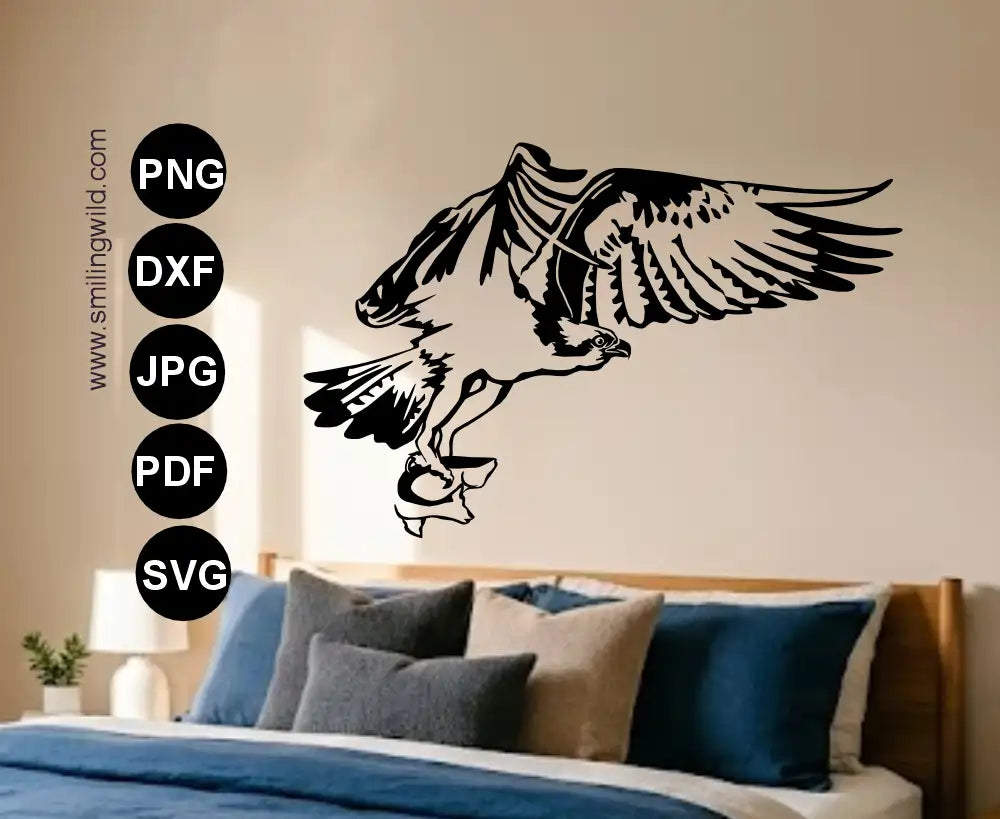 Fine technical osprey SVG and PNG line artwork of a flying wilderness raptor clipart graphic with a transparent background in PNG format