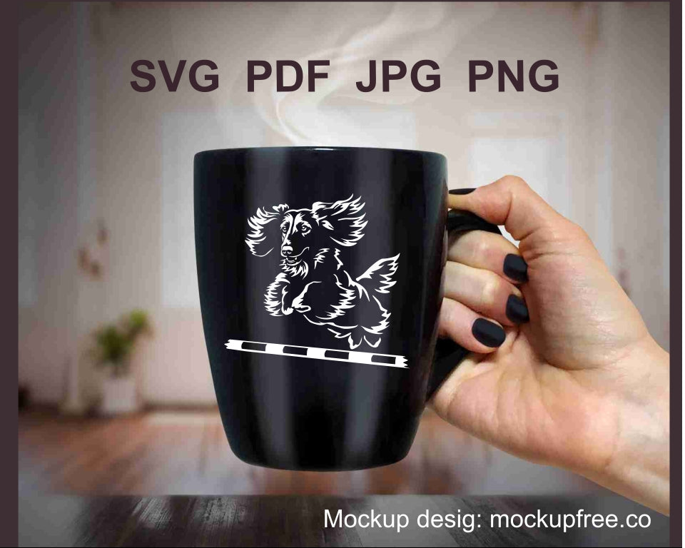 Jumping Long haired dachshund svg vector file, white design, dog agility svg