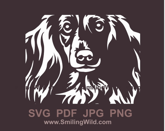 Long haired dachshund svg vector fole, white design for dark backgrounds
