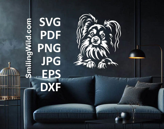 Detailed Papillon dog vector graphic for laser cutting, vinyl decals, and pet-themed handmade crafts