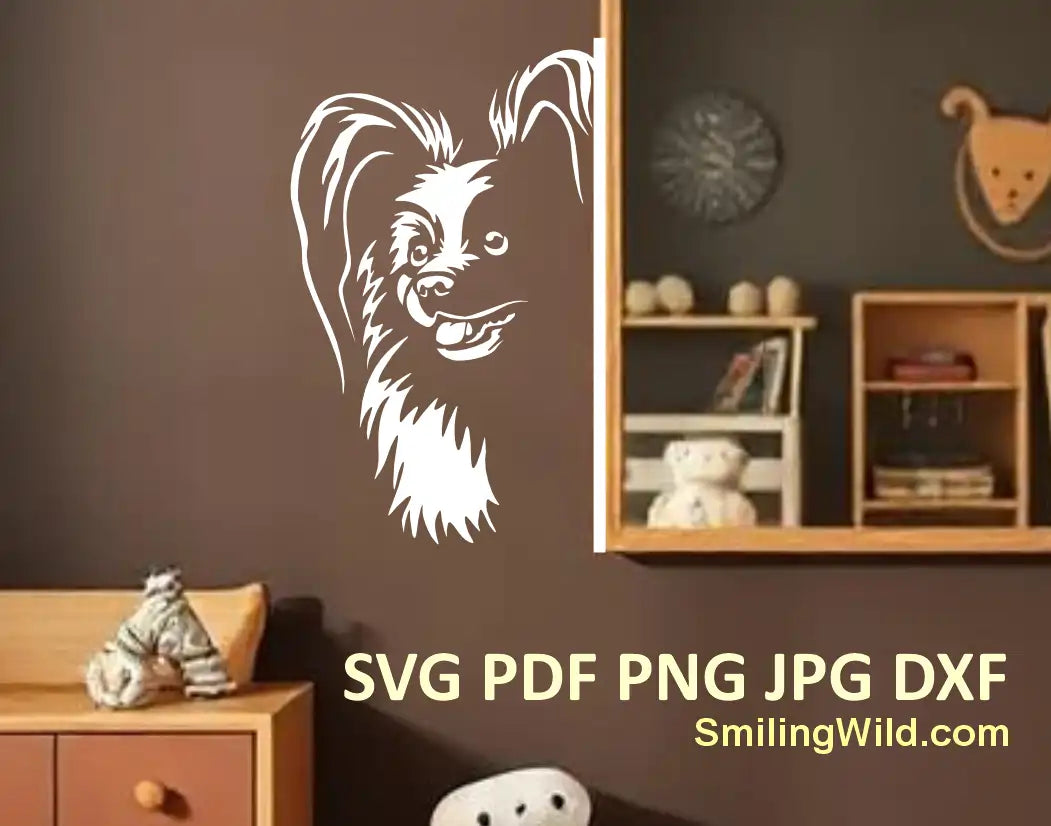 Dog clipart file of Papillon peeking around the corner for laser cut designs