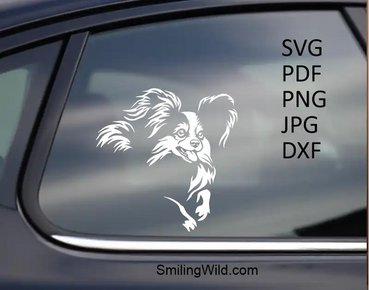 a car window with a White running Papillon dog sticker made of vector svg or DXF of for engraving and cutting