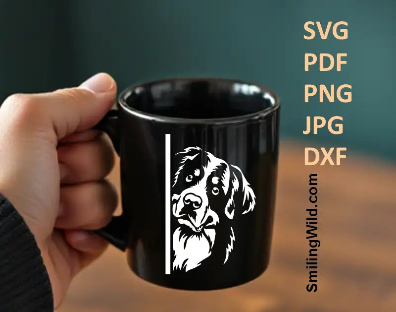 Wall decal design featuring a peeking Bernese Mountain Dog – black and white vector art in SVG, PNG, and DXF formats