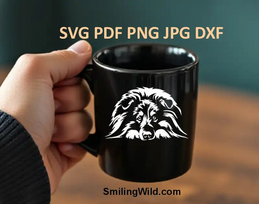 White vector Sheltie portrait on a black mug in PNG clipart for Cricut DIY decals