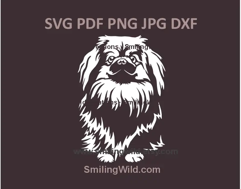 White clipart of a sitting Pekingese dog in vector SVG, png, dxf format for pet crafts and engraving.