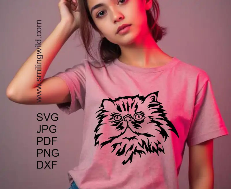 Detailed Persian Cat face black clipart cut file for crafting and engraving shown as a t shirt iron on decal