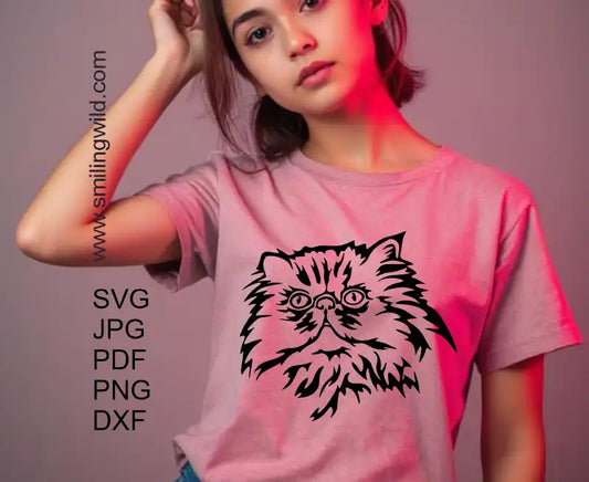 Detailed Persian Cat face black clipart cut file for crafting and engraving shown as a t shirt iron on decal