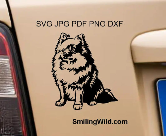 A car sticker Preview of the PNG and DXF files included in the full body Pomeranian Spitz Vector Clipart bundle for Cricut cutting and laser projects.