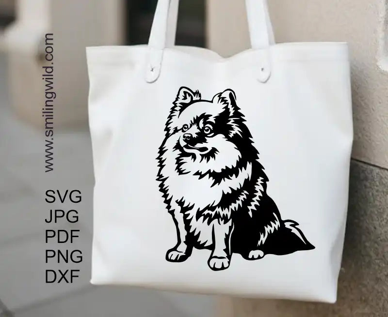 a tote bag preview showing the Pomeranian Spitz Dog png Clipart graphic design applied to a decal, emphasizing the clean vector quality of the design.