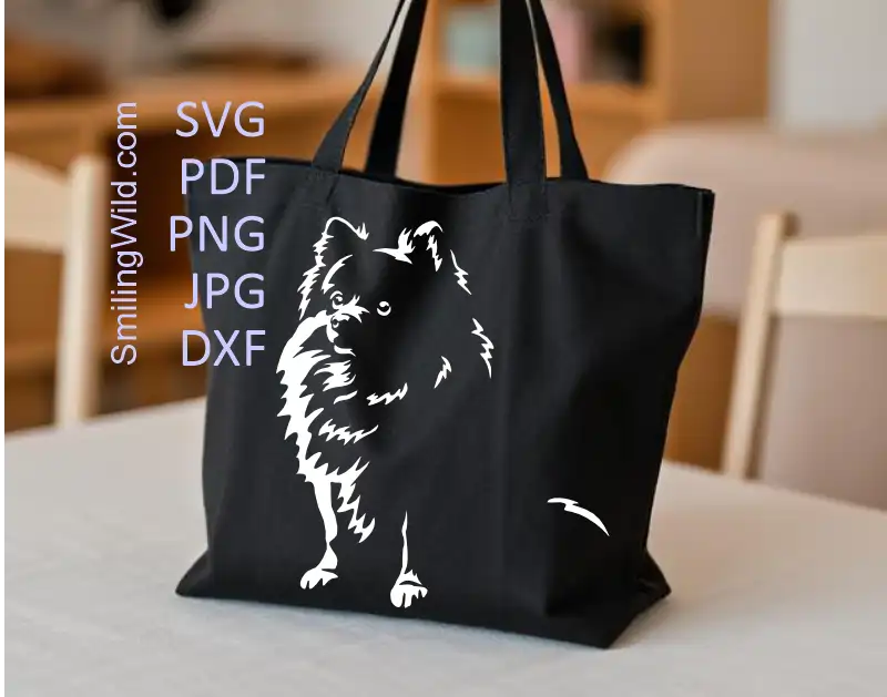 a tote bag used for Preview of the PNG and DXF files included in the Pomeranian White Vector Clipart bundle, showing the file structure
