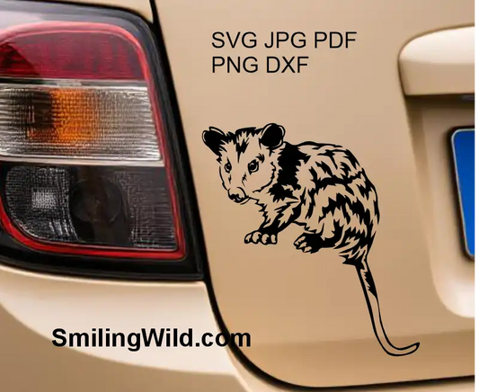 a car sticker with Opossum digital design cut file in SVG PNG DXF vector graphic format for crafting and engraving