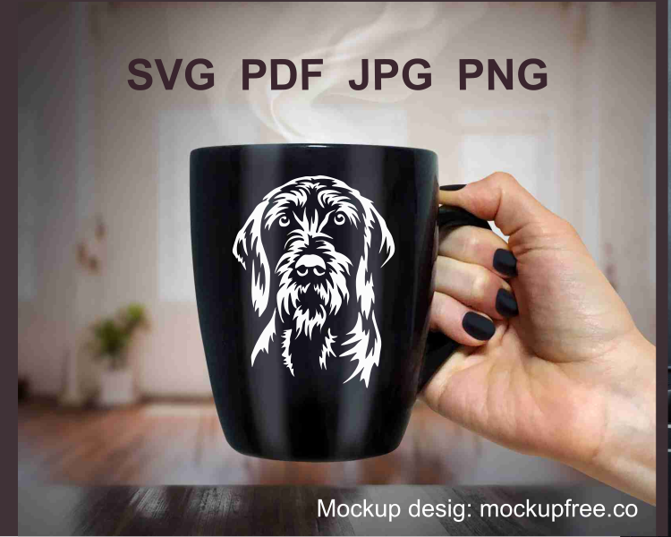pudelpointer face clip art image printed on a black coffee mug