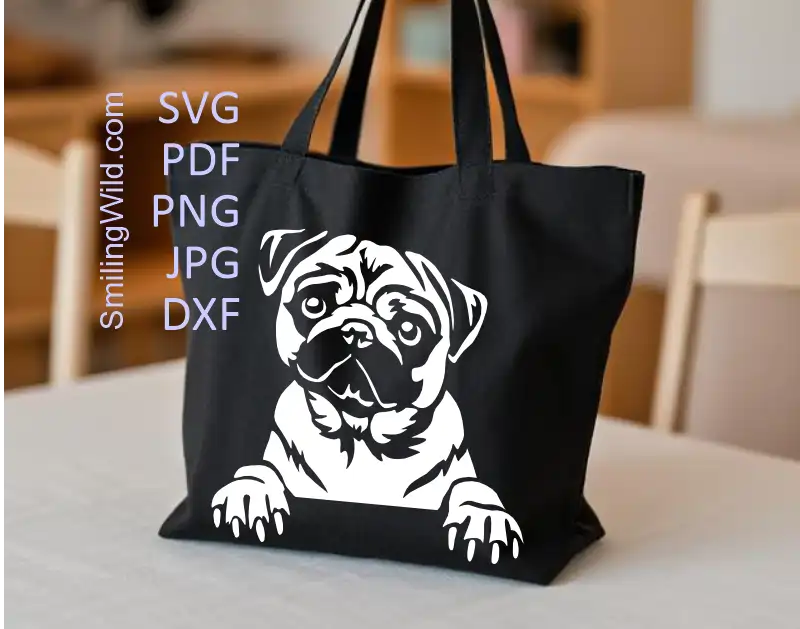 A tote bag design made of a High-quality Pug white SVG PNG DXF vector clipart for cuttable DIY projects, vinyl, Cricut, Silhouette, and laser cutting