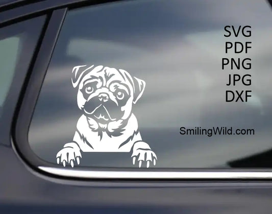 A white car decal presenting a Peeking Pug vector graphic in SVG PNG DXF file types for apparel, mugs, stickers, home decor, and laser engraving