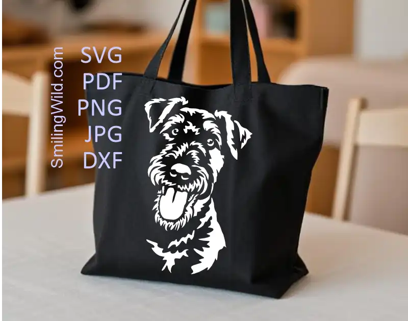 Detailed Realistic Airedale Terrier png white clipart shown on a dark tote bag detail with clean lines