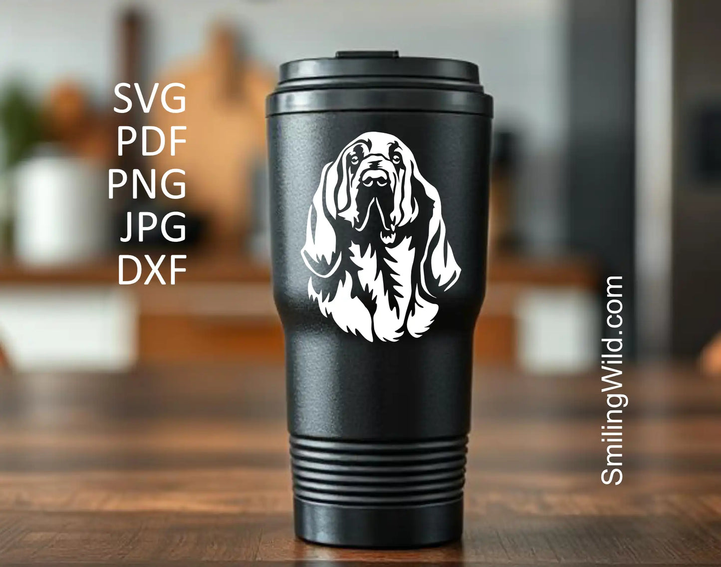 Realistic Bloodhound white clip art in SVG, PNG, and DXF – great for K9 search and rescue decals, dark background vinyl cutting, and hound dog decor