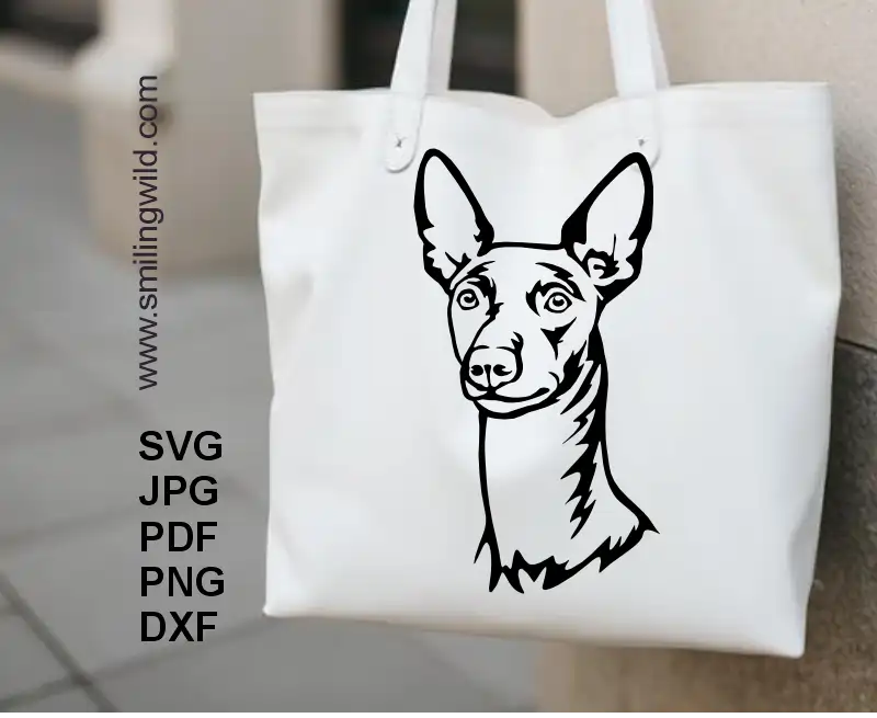 Cuttable realistic SVG and PNG file of Cirneco dell’Etna dog face printed on a tote bag to show details for crafting and engraving