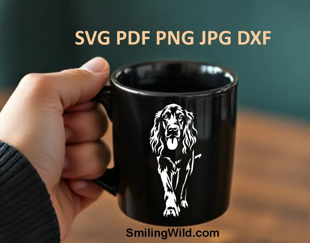 Black and white hunting dog svg and DXF design for Silhouette or Glowforge, featuring a detailed Irish Setter illustration