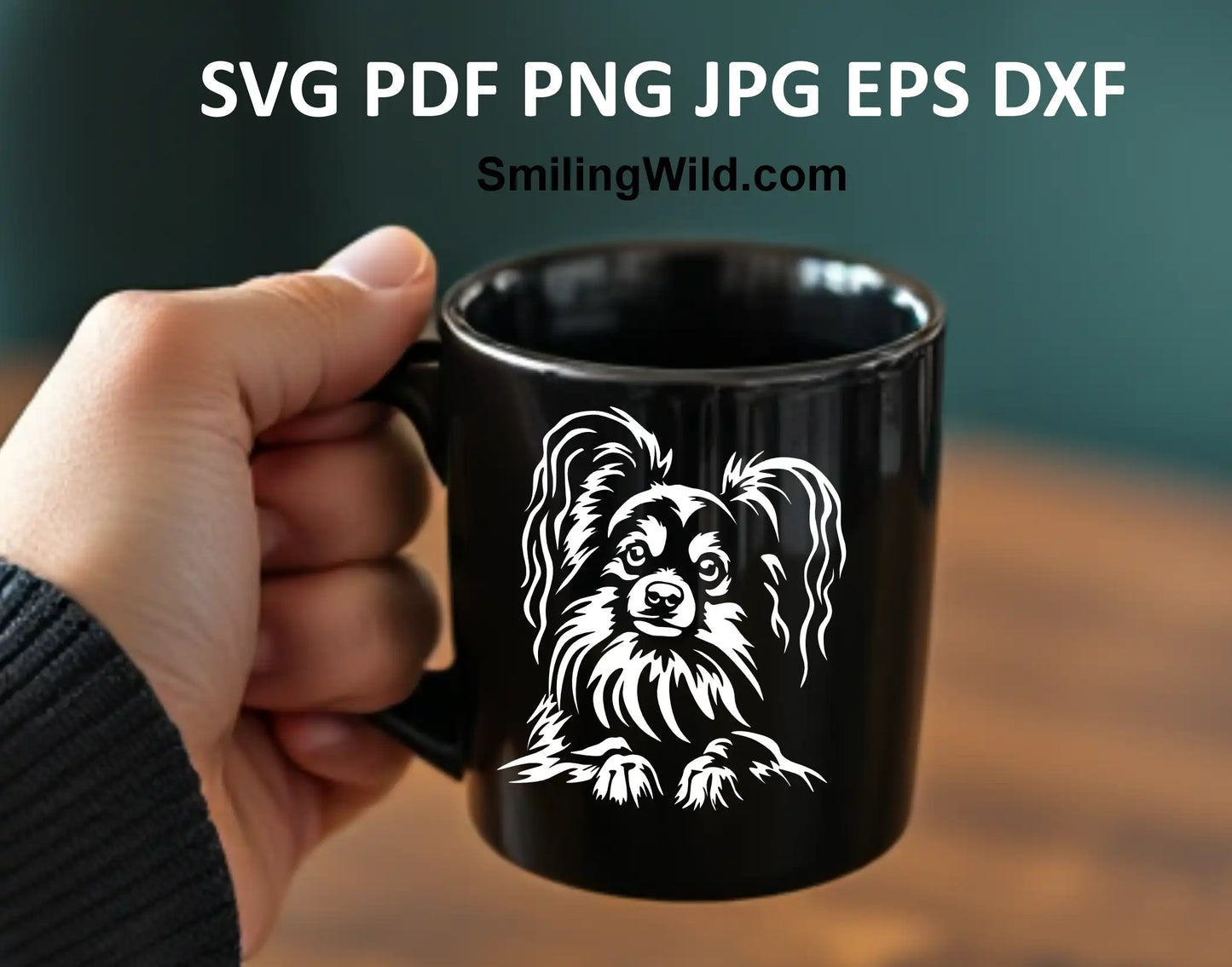 Realistic white Papillon dog clipart, ideal for stickers, woodburning, metal engraving, and embroidery designs
