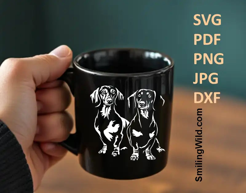Realistic double Dachshund dog clipart for DXF cutting and engraving machines shown as a black mug design
