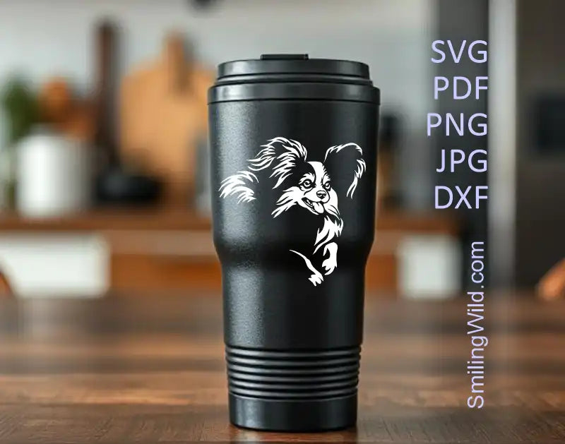 a tumbler with Realistic white Papillon dog clipart on it, cutted of png file for crafting and DIY decor