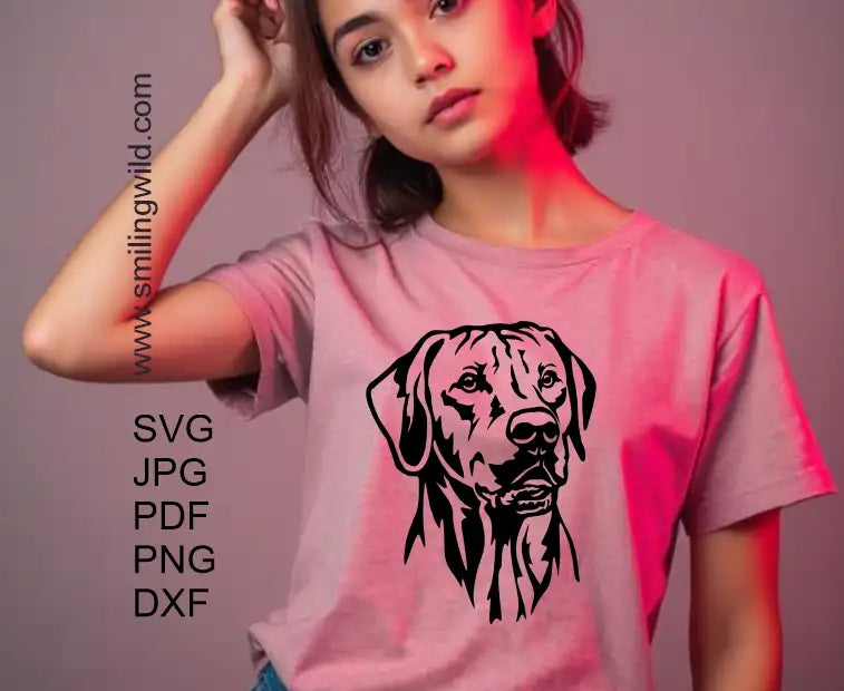 A girl's t shirt design of Rhodesian Ridgeback dog head clipart – cuttable PNG, SVG, DXF for engraving and crafts