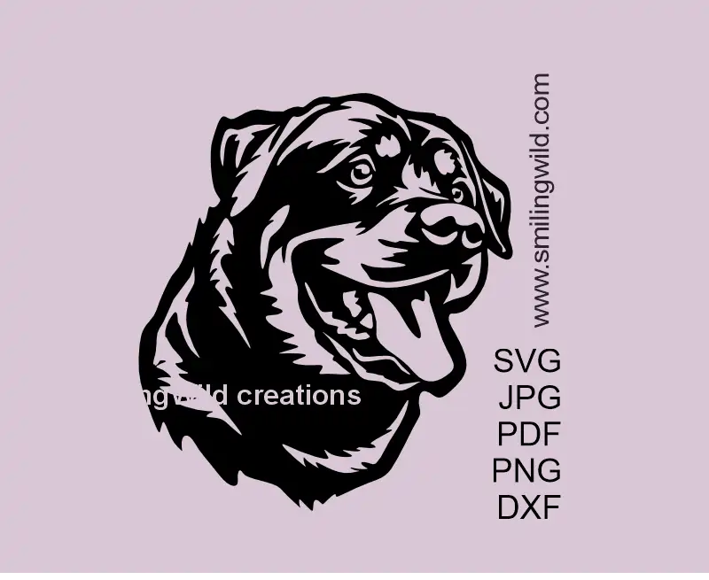 Smiling Rottweiler face SVG PNG DXF, detailed dog vector graphic for Cricut and laser cutting craft projects