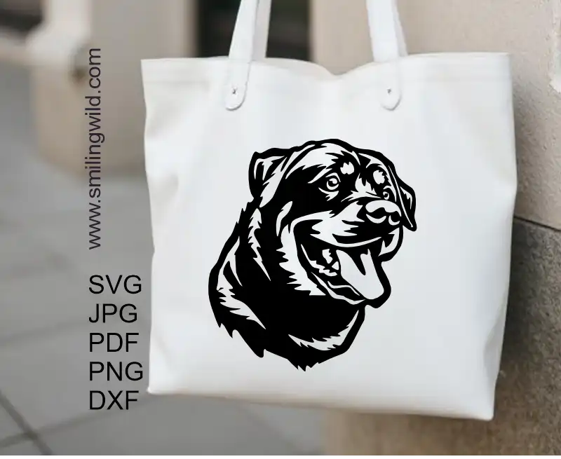 A tote bag design of Detailed Rottweiler clipart smiling dog face vector for Cricut, laser engraving, and cut file projects