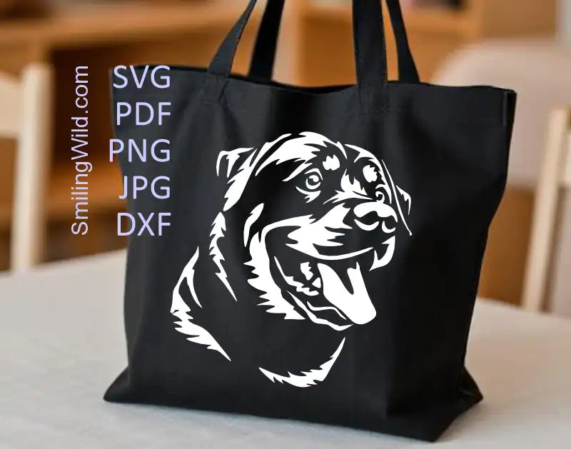 A tote bag with a White Rottweiler Dog Face Digital Clipart in PNG DXF file formats for Professional Crafting and Cut Files