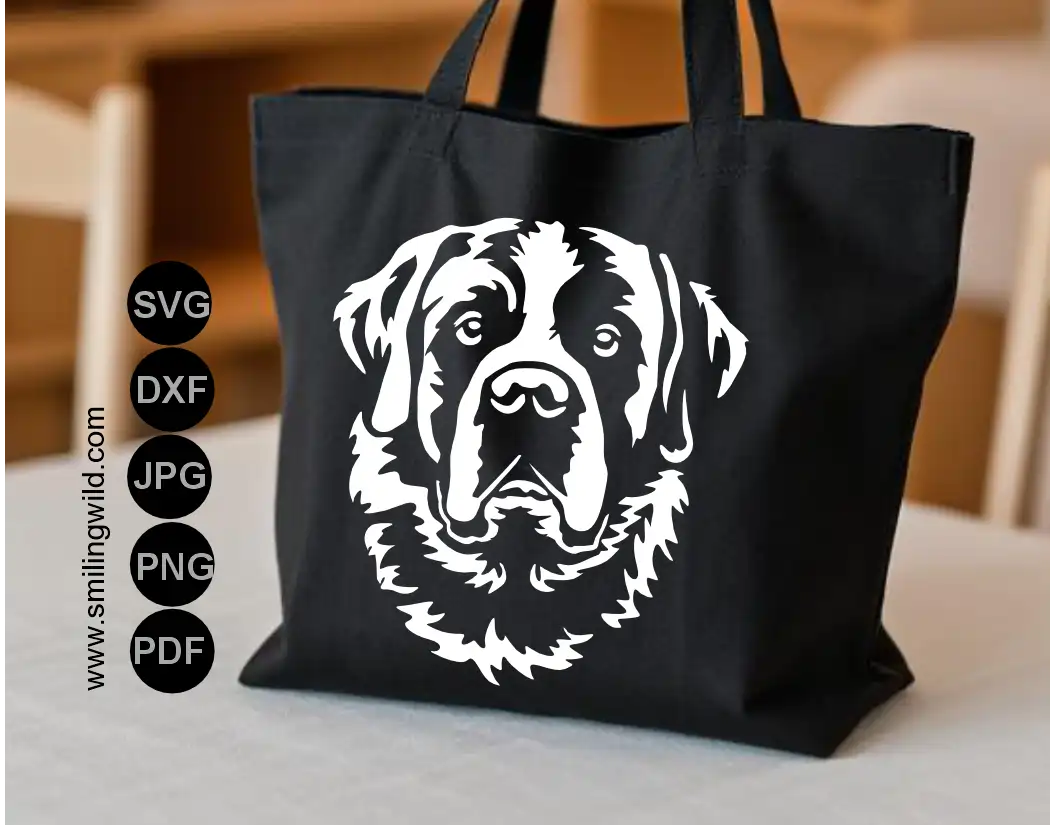 Saint Bernard dog face White design presenting a dog digital file in DXF and PNG for professional etching and apparel.