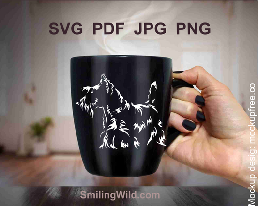 Scottish Terrier hunting dog clipart, perfect for Cricut crafts and laser cutting, printed on a black mug