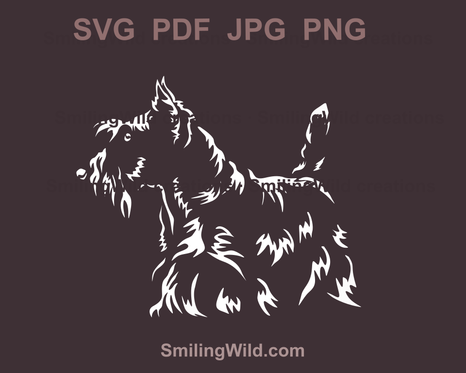 Scottish Terrier realistic dog svg png vector graphic featuring realistic hunting dog scottie white and black clipart, ideal for Cricut and laser cutting projects
