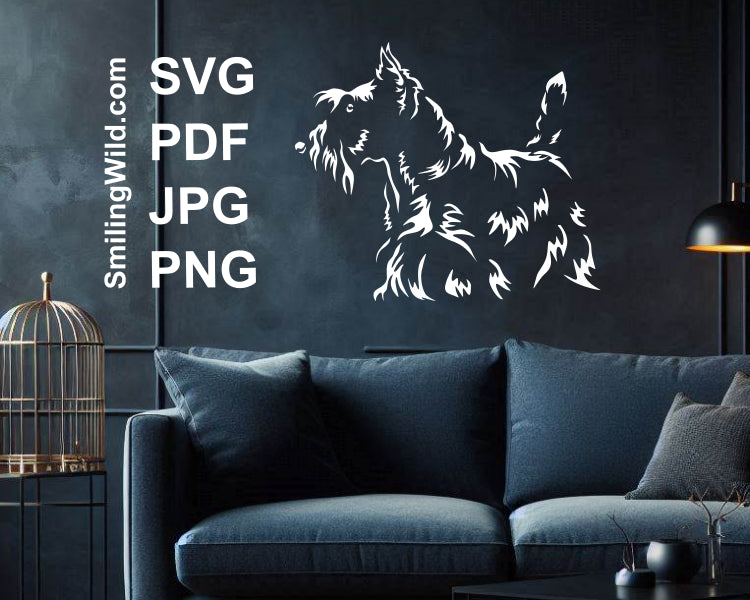 Scottish Terrier Dog SVG and png cuttbale file showing a realistic hunting breed vector design used as a white clipart for hunting lodge wall art.