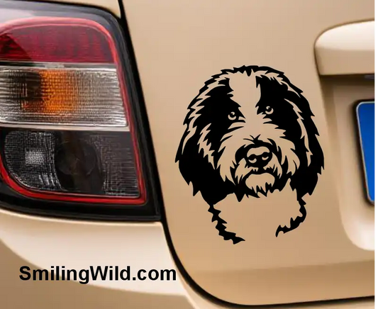 Sheepadoodle Dog Face SVG, DXF, PNG clipart vector graphic file shown as a car sticker and van be used on Cricut, and laser cutting