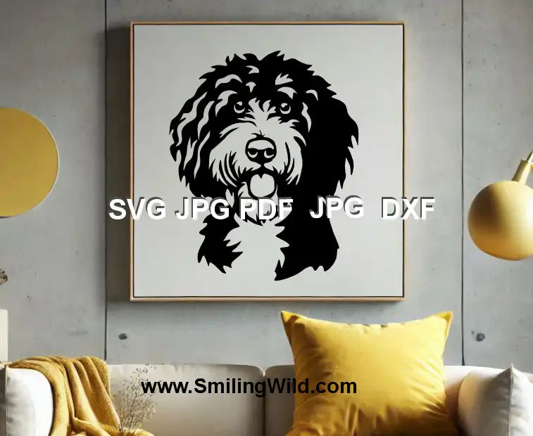 Sheepadoodle DXF head clipart in a wall design showcases a black dog vector for Silhouette and xTool use
