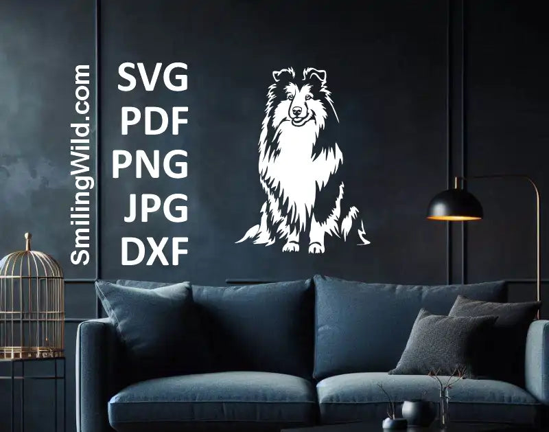 wall art decal in white color of sheltie dog DXF and png vector for Glowforge, Silhouette, and xTool laser projects