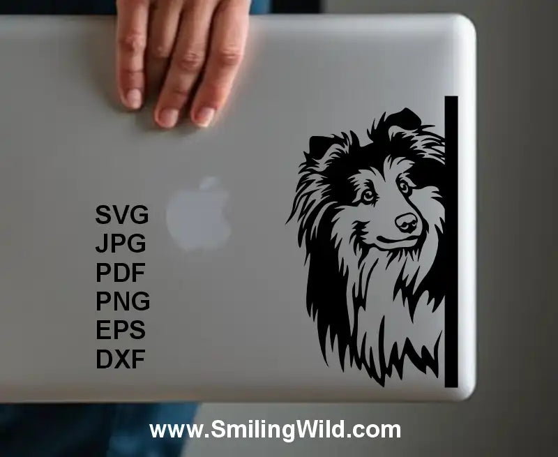 Realistic Sheltie head DXF file for custom DIY cutting projects shown on laptop as a sticker