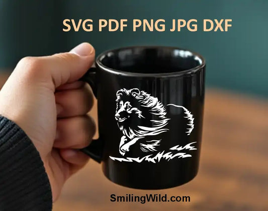 Laser-cut black mug design using running Shetland Sheepdog SVG – white vector clipart for Cricut, Glowforge, and xTool projects