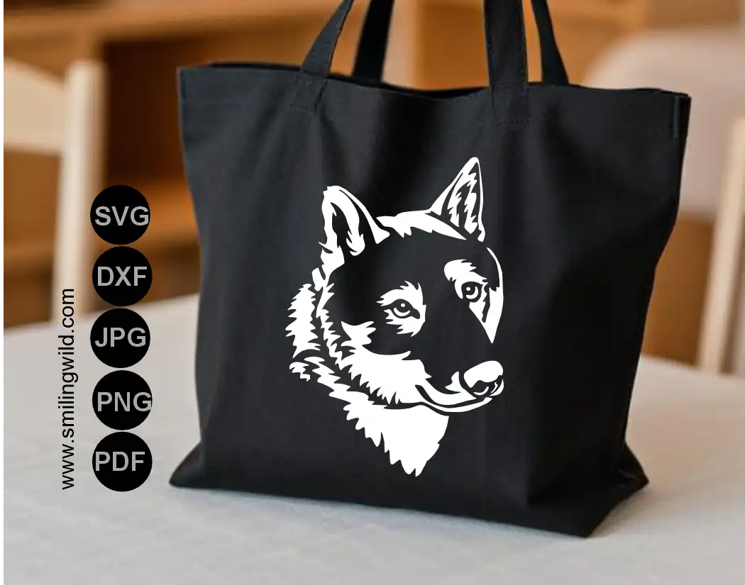 White design Shikoku dog head digital file in DXF and PNG for professional etching on dark materials ang glass.