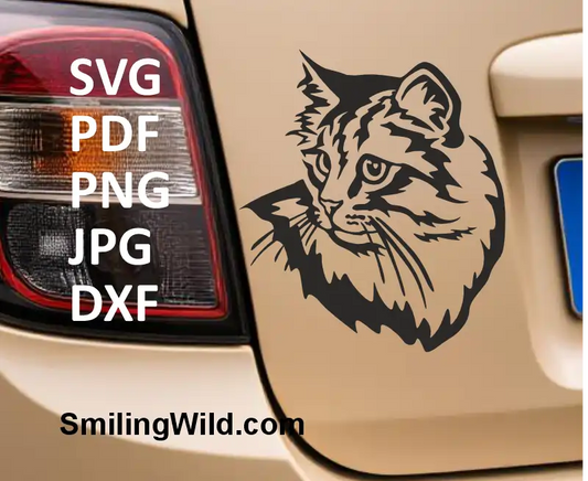 Siberian Cat svg and png file for Cricut crafts and laser engraving projects on a mocup image as a car sticker