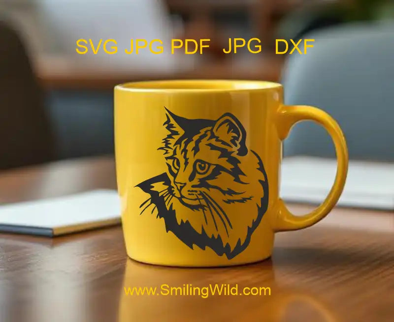 High-resolution dxf and svgcut file of Siberian Cat head for pet-themed projects on a mocup image with a yellow coffy mug