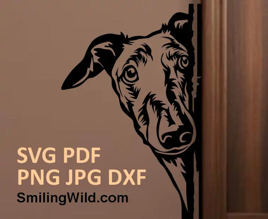 Galgo SVG, PNG & DXF – Dog Peeking Around the Corner Clipart – Black & White Vector Design