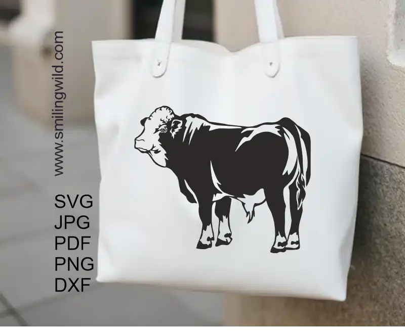 A tote bag with Simmental bull clipart cuttable vector design for cutting, engraving and other craft projects