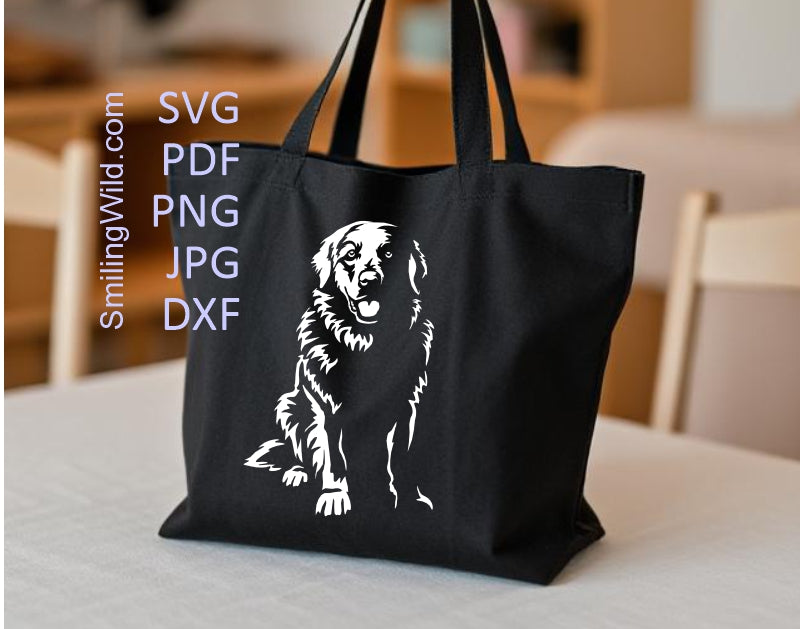 Tote bag mocup showing the Great Pyrenees white vector applied as a decal on a dark surface, highlighting the crisp edges of the cut file.