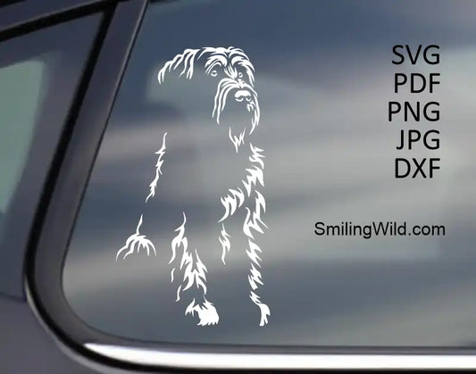 a car decal demonstrating the clean vector cut paths of the Briard dog DXF file for use with cutting machines and laser engravers.
