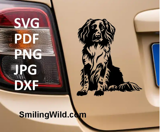 a car sticker showing a Small Munsterlander DXF cut file – sitting hunting dog clipart for laser crafting and engraving