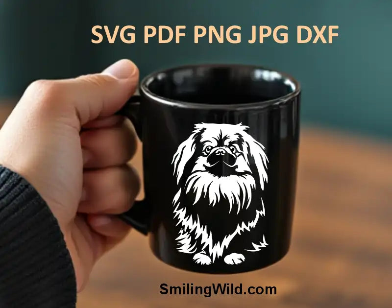 Detailed DXF & svg dog white color portrait of a sitting Pekingese, perfect laser cut file for signs and décor applicated on a black mug.